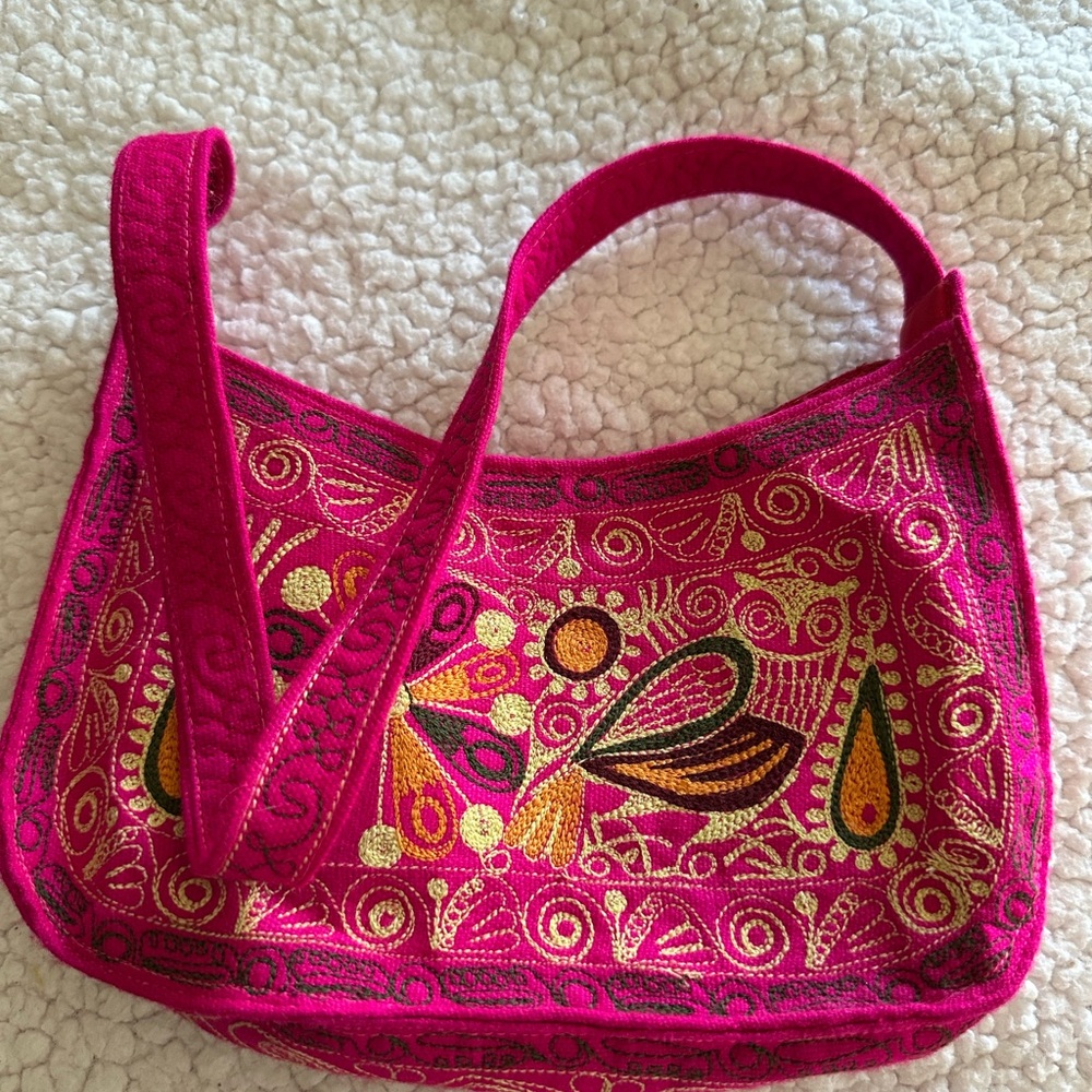 Embroidered Pink Shoulder Bag with Gold Accents